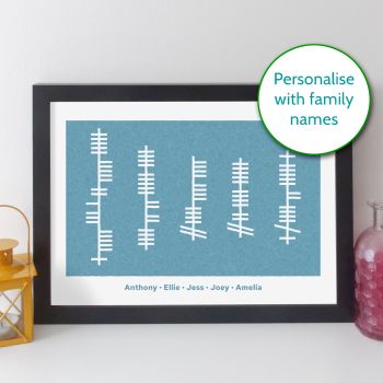Details
This personalised Ogham family names print mixes the beautiful, traditional Ogham alphabet with contemporary design. We convert your family names into Ogham to create a very personal print. Part of the fun is seeing how different names look when written in Ogham. We print the names in English below the artwork.
There&rsquo;s space for a message at the top of the print (e.g. a surname).
A lovely, cheerful piece of decorative Irish wall art that celebrates family.
If we have any questions about your order, we&rsquo;ll be in touch with you to clarify before we create it.
The gallery pictures illustrate how your print might look if it was framed.
&nbsp;
Prints

Prints are made on high quality matte photo paper

Shipping

Prints are shipped in strong, protective packaging
