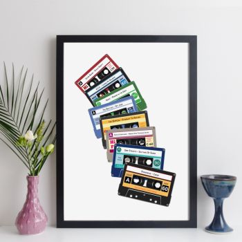 Details
This personalised Cassette Tapes print is a retro celebration of music. It might evoke memories and start conversations &ndash; it might remind you of how much you hated cassettes getting chewed up in the cassette player. But it also might remind you of the music.
You specify the eight cassette labels (you can choose a song only, artist and song, artist and album &ndash; whatever text you like! We can fit a maximum of 50 characters per cassette label.
If we have any questions about your order, we&rsquo;ll be in touch with you to clarify before we create it.
The gallery pictures illustrate how your print might look if it was framed.
&nbsp;
Prints

Prints are made on high quality matte photo paper

Shipping

Prints are shipped in strong, protective packaging
