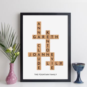 A personalised family crossword print that shows between 4 and 9 names arranged in a custom crossword design. Family crosswords, just like families, are unique and personal. They&rsquo;re great gifts for families and grandparents (put all the grandchildren&rsquo;s names on one print!).
&nbsp;
We print all the names in capital letters and without punctuation or spaces (so MARY JANE appears on the crossword as MARYJANE). We don&rsquo;t print dashes or apostrophes as they break up the crossword design too much.
&nbsp;
The best print orientation (portrait or landscape) for your crossword depends on the words you choose. If you have a preference between portrait and landscape, please let us know in the &lsquo;Notes&rsquo; box when you order.
&nbsp;
Very occasionally it&rsquo;s not possible to make a crossword from the names you send us. If this happens, we&rsquo;ll contact you. It can happen, for example, when one of the names has no letters in common with any of the other names, or when lots of the names are very short. We can usually add another word to make a crossword possible (LOVE or FAMILY, for example) but we&rsquo;ll agree this with you before deciding what to do next.
&nbsp;
If we have any questions about your order, we&rsquo;ll be in touch with you to clarify before we create it.
The gallery pictures illustrate how your print might look if it was framed.
&nbsp;
Prints

Prints are made on high quality matte photo paper

Shipping

Prints are shipped in
