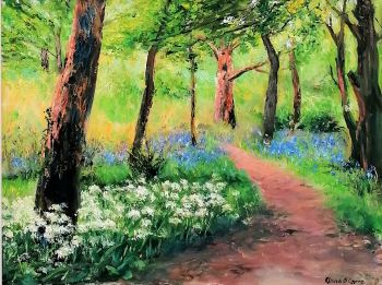Killarney woods covered in a carpet of bluebells and garlic flowers. A magical scene that reoccurs each May.
Painted in oils with palette knife and brush on 14" x 18" canvas it measures 22" x 26" in its white frame.
Shipping free within Ireland
&nbsp;