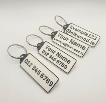 &nbsp;
Eco-friendly name tags for keys, bags, and luggage. Made from durable PLA bioplastic (plant-based) with a sturdy metal keyring.

If you would like a photo before shipping, simply let us know in the Notes box and we'll email it to you before postage
&nbsp;
Materials
Name Tags


PLA Bioplastic (plant-based, non-toxic, biodegradable, recyclable) &nbsp;&nbsp;


&nbsp;
Packaging


PLA Bioplastic Transparent Baggie


Weights &amp; Dimensions


Dimensions: 2 cm tall x 5.7 cm long x 0.3 cm thick


Weight: 4g each


Designed and manufactured in Cork, Ireland by Elkwood
