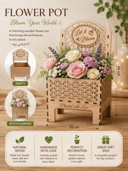 🌸 Wooden Flower Pot Box &ndash; Personalized Gift Decoration
Bring warmth and natural charm to any space with this beautifully crafted wooden flower pot box. Its elegant laser-cut design and rustic finish make it a perfect decoration for your home, garden, balcony, office, or a thoughtful gift for someone special.
&nbsp;
Made from 3.6 mm plywood in a natural wood finish, this decorative flower box combines durability with timeless style.
&nbsp;
Product Details
🌿 Material: 3.6 mm Plywood
🌿 Color: Natural Wood
📏 Dimensions: 25 cm (W) &times; 34 cm (H)
❤️ Handmade with attention to detail
🎁 Perfect for home d&eacute;cor, weddings, birthdays, anniversaries, Mother's Day, and other special occasions
Personalization
This flower pot box can be personalized with your own text or name. Simply provide the wording you would like, and we will engrave it to create a unique and meaningful gift.
&nbsp;
Important Notice
Flowers and decorations shown in the photos are for display purposes only and are NOT included.
This listing is for the wooden flower pot box only.
&nbsp;
Package Includes
1 &times; Personalized Wooden Flower Pot Box (Empty)