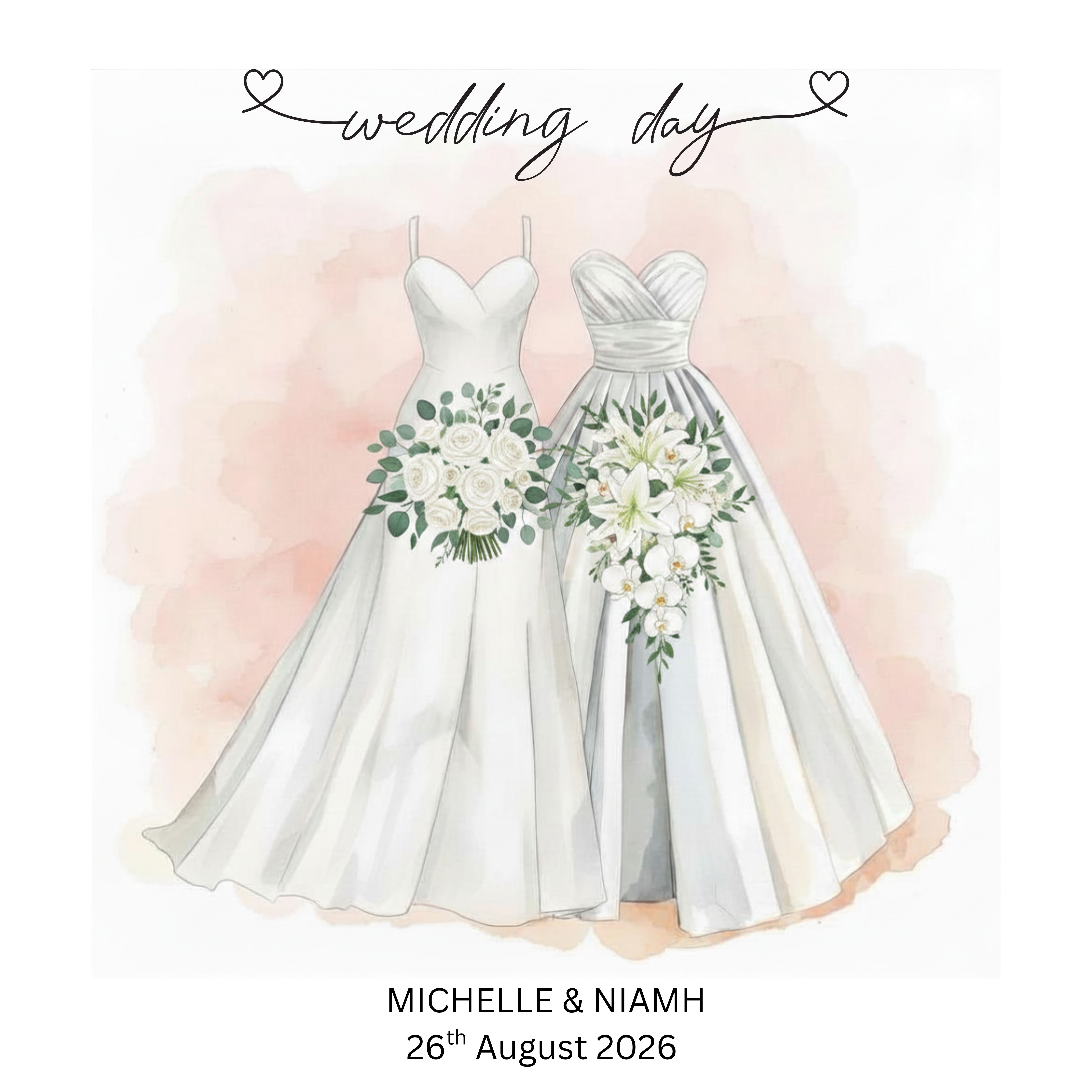Celebrate a beautiful love story with this elegant personalized wedding card featuring&nbsp;two wedding dresses and&nbsp;&nbsp;bouquets with glitter detail. Designed especially for two brides, this unique keepsake can be customized with the couple's names and wedding date, creating a meaningful memento of their special day.