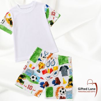 With the World Cup in full swing check out our Personalised Childrens Football Themed Shorts/T-shirt Set from Gifted Lane. Created with a Football themed matching tshirt and shorts set, and can be personalised with any picture or text on them. Another special personalised gift from Gifted Lane.