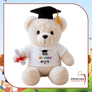 These Teddy Bears can personalised with any pictures or text on them of a child graduation from playschool / pre-school, and can be personalised with the Child Name, Class Name, Date. It is a nice present for someone to remember their Pre School Times. Another special personalised gift from Gifted Lane. Remember a personalised gift from Gifted Lane is always a special gift.