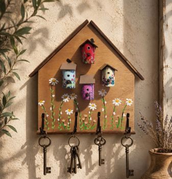 Handcrafted beautiful wooden key holder, painted with acrylic colour featuring handcrafted 4 bird houses painted by hand!