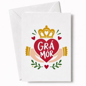 CLADDAGH-INSPIRED IRISH LOVE CARD: "Gr&aacute; M&oacute;r" means Great Love in Irish, set inside a classic Claddagh-style design with a crown, two hands, and a heart. Rooted in Irish tradition, this card carries the weight of something real. A love card that feels like it means it.