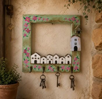 Beautiful handcrafted wooden key holder features 4 hooks, painted with acrylic colour and varnish for lasting! 33/33 cm is perfect for any hallway or room!