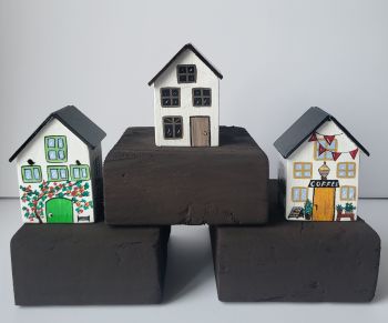 Handcrafted tiny wooden houses, each hand-painted on both sides with acrylic and varnish, make a perfect gift!