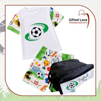 Check out our Personalised Childrens Football Themed Shorts/T-shirt &amp; Boot&nbsp; Bag Set from Gifted Lane. Created with a Football themed matching tshirt and shorts set and accessorise with a Boot Bag which can be personalised with any picture or text on them. Another special personalised gift from Gifted Lane.
