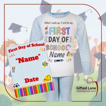 Mark the special occasion of the night before the First Day of School or Pre School with a My First Day of School personalised Pyjamas and Plaque Set. They can be personalised with any picture and or text on them. Another special personalised gift from Gifted Lane&nbsp;
