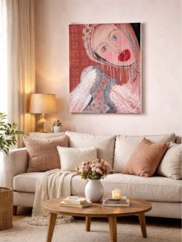 Original acrylic on canvas 50/60 cm, hand-painted , perfect for any room or for a special gift! Abstract portrait blending traditional folk textiles with contemporary, raw emotion.