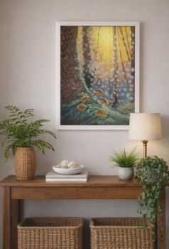 This original acrylic on canvas, 30/40 cm, captures the vibrant warmth of sunlight breaking through a dense forest!