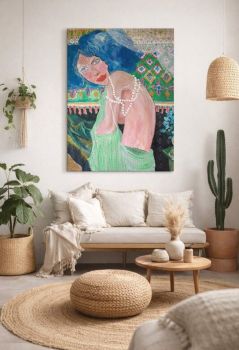 A captivating , texture-rich acrylic portrait blending modern bohemian style with timeless elegance! This original 100/75 cm canvas brings an enigmatic , hight-fashion focal point to any space!