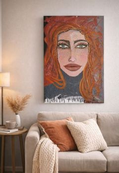 Hand-painted 70/50 cm acrylic on canvas, this unique abstract portrait blends warm tones with detailed mosaic pointillism!