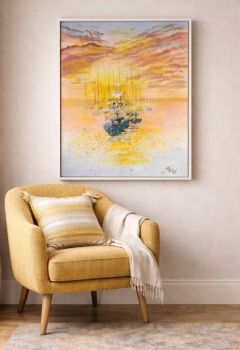 Capture the serene energy of a coastal twilight with this original 45/60 cm acrylic painting. Featuring a fleet of resting boats beneath a vibrant, amber-streaked sky, this framed piece brings a warm, textured focal point to any room!