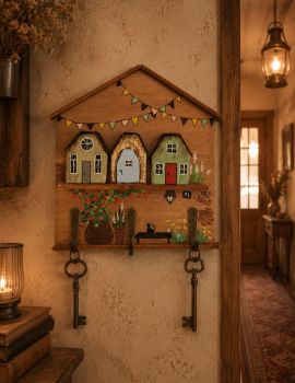 Give reclaimed wood a second life with this functional piece of wall art. 22/20 cm, this handcarfted cottage key holder is meticulously detailed with miniature cottages and floral accents, making it a sustainable and artistic addition to any Irish home!&nbsp;