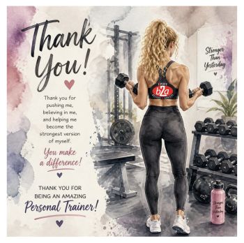 Inspirational Thank You Personal Trainer Card | Personalised Gym Thank You Card
Show your appreciation to the personal trainer, coach, or gym that has inspired and supported your fitness journey with this unique personalised keepsake card.
Featuring an inspirational fitness-themed design, this luxury&nbsp;6x6" linen card&nbsp;can be personalised with the&nbsp;gym's logo displayed on back of your tee shirt, making it a thoughtful and memorable thank you gift. Whether it's for reaching a fitness milestone, completing a programme, or simply saying thanks for the motivation and encouragement, this deluxe card is a wonderful keepsake they'll treasure.
Features:


Premium 6x6" luxury linen cardstock


Deluxe quality finish

&nbsp;

Option to include your gym's logo on your tee shirt


Inspirational fitness-themed design


A unique keepsake to thank a personal trainer, fitness coach, or gym instructor


Perfect for birthdays, leaving gifts, achievement celebrations, or simply saying "thank you"

Choose from different designs

A meaningful way to recognise the dedication, encouragement, and motivation that helped you become stronger, healthier, and more confident.