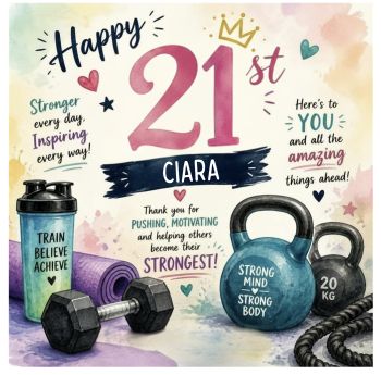Personalised Personal Trainer Birthday Card | Gym Lover Birthday Card
Celebrate the fitness enthusiast, personal trainer, or gym lover in style with this unique personalised birthday card.
Featuring an inspiring fitness-themed design, this luxury&nbsp;6x6" hammer card&nbsp;can be personalised with the&nbsp;gym's logo displayed on the water bottle, creating a thoughtful and one-of-a-kind birthday keepsake. Whether they're a dedicated personal trainer, fitness coach, gym owner, or someone who simply loves to work out, this deluxe card is the perfect way to make their birthday extra special.
Features:

Premium 6x6" luxury hammer cardstock
Deluxe quality finish
Personalised with the recipient's name
&nbsp;
Inspirational fitness-themed design
Perfect for personal trainers, fitness coaches, gym instructors, gym owners, and fitness enthusiasts
A unique personalised birthday keepsake they'll treasure

A thoughtful birthday card for the person who inspires others to be stronger, healthier, and more confident&mdash;celebrating another year of dedication, determination, and making a difference.