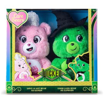 Bring the magic of Oz home with the Care Bears x Wicked Limited Edition Twin Pack. Featuring Love-a-Lot Bear as Glinda and Good Luck Bear as Elphaba, these super-soft 30cm plush toys combine the timeless charm of Care Bears with the iconic characters from Wicked. Perfect for collectors, fans and children aged 4+.