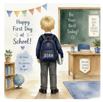 Celebrate Their Very First Day at School!
Capture the excitement of this unforgettable milestone with a beautifully personalized keepsake card, designed to be treasured for years to come.
Printed on premium&nbsp;6x6-inch luxury linen card stock, this deluxe-quality card is fully customized with your child's&nbsp;hair colour and hairstyle, making it a truly unique gift. Personalize it with your child's&nbsp;name&nbsp;and&nbsp;the year&nbsp;to create a lasting reminder of their special first day at school.
Perfect for celebrating a brand-new adventure, this thoughtful keepsake is a wonderful gift for children starting school and a cherished memory for parents to look back on for years to come.
Product Features:

Premium 6x6-inch deluxe linen card stock
Personalized with your child's name and year
Customize hair colour and hairstyle
High-quality keepsake card
A special way to remember their first day at school
