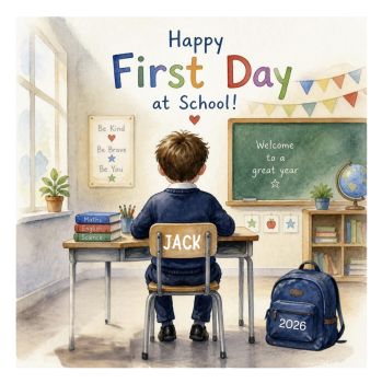 Celebrate Their Very First Day at School!
Capture the excitement of this unforgettable milestone with a beautifully personalized keepsake card, designed to be treasured for years to come.
Printed on premium&nbsp;6x6-inch luxury linen card stock, this deluxe-quality card is fully customized with your child's&nbsp;hair colour and hairstyle, making it a truly unique gift. Personalize it with your child's&nbsp;name&nbsp;and&nbsp;the year&nbsp;to create a lasting reminder of their special first day at school.
Perfect for celebrating a brand-new adventure, this thoughtful keepsake is a wonderful gift for children starting school and a cherished memory for parents to look back on for years to come.
Product Features:

Premium 6x6-inch deluxe linen card stock
Personalized with your child's name and year
Customize hair colour and hairstyle
High-quality keepsake card
A special way to remember their first day at school
