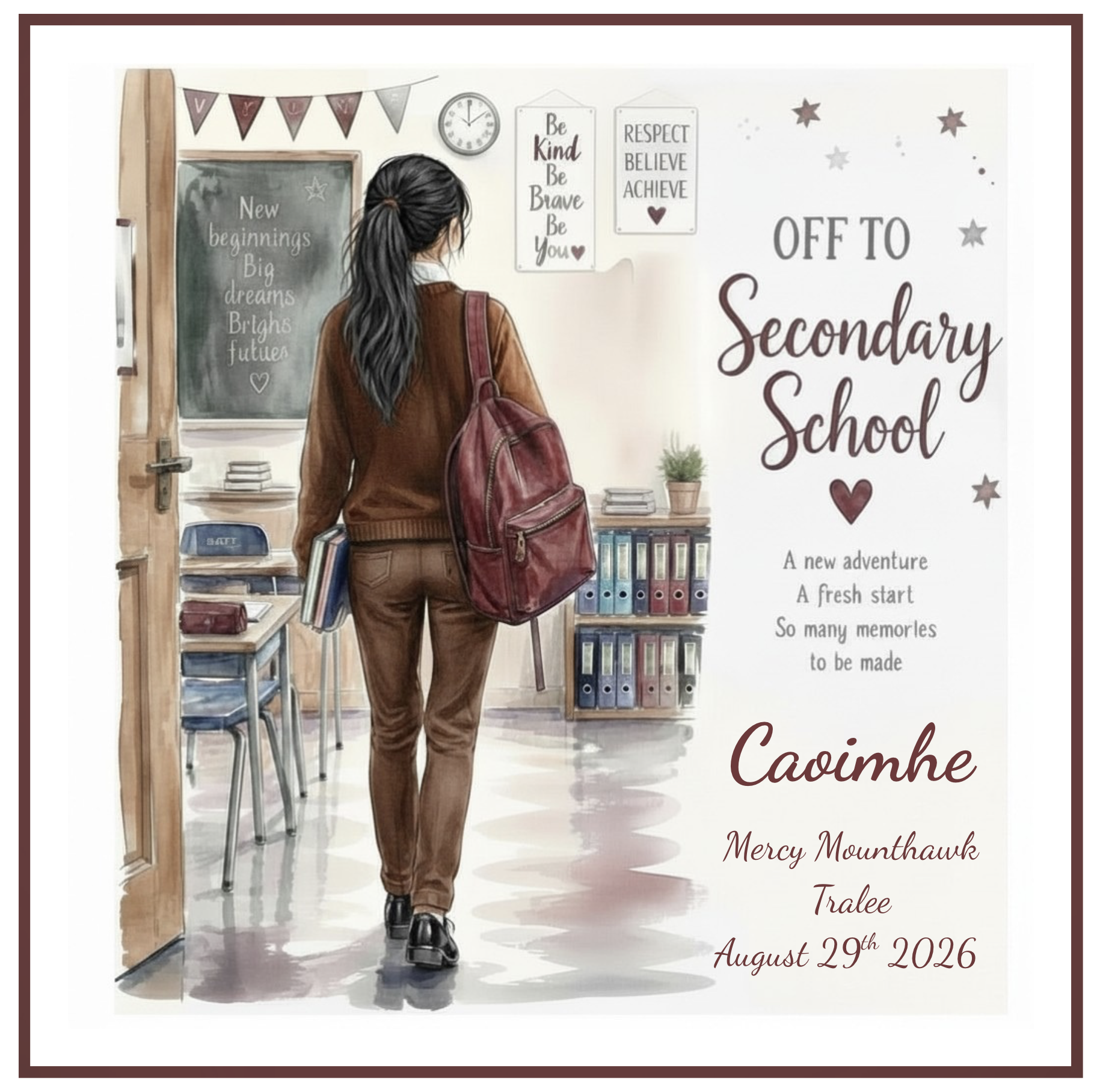 Celebrate the exciting journey into secondary school with a beautifully personalized keepsake card that captures this unforgettable milestone.
Crafted from premium&nbsp;6x6-inch deluxe linen card stock, this high-quality card is customized to create a truly special keepsake. Personalize it with the child's&nbsp;name,&nbsp;new school, and&nbsp;date, while also choosing their&nbsp;hair colour,&nbsp;hairstyle, and&nbsp;jumper colour&nbsp;to perfectly reflect their unique look.
Whether it's for a son, daughter, grandchild, niece, nephew, or friend, this thoughtful card is a wonderful way to mark the beginning of a new chapter. A meaningful keepsake to treasure for years to come, it makes a unique gift that celebrates confidence, new friendships, and exciting opportunities ahead.
Product Features:

Premium 6x6-inch deluxe linen card stock
Personalized with name, new school, and date
Customize hair colour and hairstyle
Choice of jumper colour
Unique, handcrafted keepsake card
Perfect for celebrating the first day of secondary school
A lasting reminder of this special milestone
