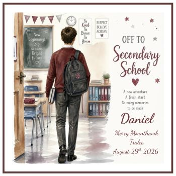 Celebrate the exciting journey into secondary school with a beautifully personalized keepsake card that captures this unforgettable milestone.
Crafted from premium&nbsp;6x6-inch deluxe linen card stock, this high-quality card is customized to create a truly special keepsake. Personalize it with the child's&nbsp;name,&nbsp;new school, and&nbsp;date, while also choosing their&nbsp;hair colour,&nbsp;hairstyle, and&nbsp;jumper colour&nbsp;to perfectly reflect their unique look.
Whether it's for a son, daughter, grandchild, niece, nephew, or friend, this thoughtful card is a wonderful way to mark the beginning of a new chapter. A meaningful keepsake to treasure for years to come, it makes a unique gift that celebrates confidence, new friendships, and exciting opportunities ahead.
Product Features:

Premium 6x6-inch deluxe linen card stock
Personalized with name, new school, and date
Customize hair colour and hairstyle
Choice of jumper colour
Unique, handcrafted keepsake card
Perfect for celebrating the first day of secondary school
A lasting reminder of this special milestone

