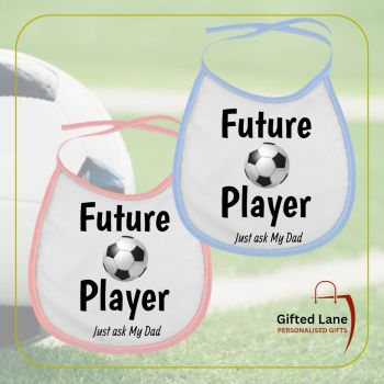 For the young and new Football Fans check out our Football Themed Baby Bibs from Gifted Lane. The Bibs can be personalised with the design shown but also can be personalised further with any pictures or text on it. And are available in a variety of different colours. They are the perfect present for the youngest and newest Football enthusiat. Another special personalised gift from Gifted Lane.