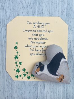 These are&nbsp; my sending you a hug fabric pocket hugs. This is my French bulldog in sunglasses print heart. Each pocket heart is handmade in a soft cotton fabric and filled to medium firmness. There is option to chose home grown dried lavender in your heart, at no extra cost.&nbsp;
Each pillow can vary slightly as each are handmade.&nbsp;
Each comes attached to a cream and shamrock patterned card to tell the person you are gifting them a hug. Each card measures 10cm X 10.5cm. It's blank on the back so you can write a message
* I am a breast cancer survivor myself so I understand how individuals undergoing cancer treatment just need a hug and sometimes you can't do that.&nbsp; &nbsp;
