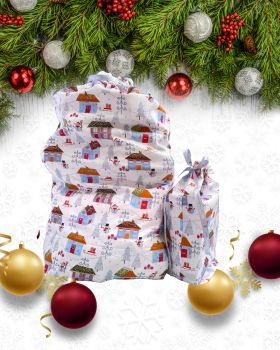 This gift bag set are made using snowmen, silver coloured trees and blue houses Christmas fabric. This gift bag set includes 2 gift bags. They are finished to a high standard and is drawstring tied with coordinating silver Happy Christmas ribbon. It is reusable gift wrapping and will make a great tradition for wrapping Christmas presents. The big bag makes a great Sana sack.