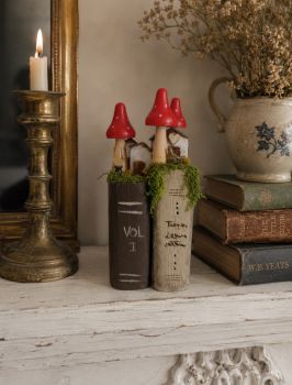 Beautifully handcrafted wooden books with mushrooms and tiny houses decorated with miniature items! 9.5/20/8 cm is perfect for any shelf, mantel, desk, or as a unique gift!