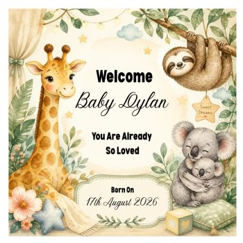 Welcome, Little Wild One &ndash; Personalised New Baby Card 🦒🐨🦥
Celebrate a beautiful new arrival with this&nbsp;adorable personalised keepsake card, featuring a sweet little&nbsp;sloth, giraffe and koala&nbsp;&mdash; perfect for welcoming a precious little one into the world.
✨&nbsp;Personalised with baby&rsquo;s name and date of birth, making it a truly special keepsake to treasure.
A gorgeous choice for a&nbsp;new baby, baby shower or newborn gift, designed to capture those precious first moments and become a lovely memory of when their little adventure began.
💕&nbsp;Personalised &bull; Bespoke &bull; Keepsake &bull; Made with Love