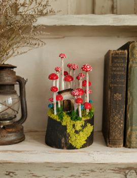 Handcrafted mushrooms from wood and hand-painted with acrylic. This miniature scene is unique and one-of-a-kind. 7.5/6/12 cm is perfect for your shelf, desk, mantel, or as a unique gift!
