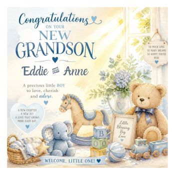 



A beautiful&nbsp;bespoke keepsake card&nbsp;created to celebrate the arrival of a precious new grandson. Personalised with the&nbsp;new grandparents&rsquo; names, making it a truly special gift to mark the beginning of their exciting new chapter.
Beautifully crafted on&nbsp;luxurious 6x6 hammered card stock, this unique and elegant design is made to be treasured and kept as a lasting reminder of such a wonderful family moment.&nbsp;Personalised, bespoke and made with love. ❤️



