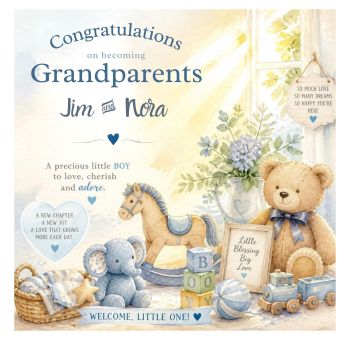 A beautiful&nbsp;bespoke keepsake card&nbsp;celebrating the wonderful journey of&nbsp;becoming grandparents&nbsp;and welcoming a precious new grandson. Personalised with the&nbsp;new grandparents&rsquo; names, making it a truly special gift to mark the beginning of this exciting new chapter.
Beautifully crafted on&nbsp;luxurious 6x6 hammered card stock, this unique and elegant card is designed to be treasured as a lasting reminder of the joy of becoming grandparents.&nbsp;Personalised, bespoke and made with love. ❤️