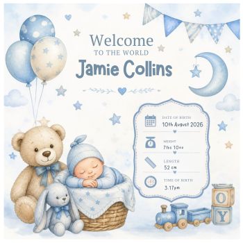 A beautiful&nbsp;bespoke baby keepsake card, perfect for celebrating the arrival of a precious&nbsp;baby boy or baby girl. Personalised with the&nbsp;baby&rsquo;s name and birth details, making it a unique and meaningful keepsake for new parents.
Beautifully crafted on&nbsp;luxurious 6x6 hammered card stock, this elegant card is designed to be treasured long after the special arrival.&nbsp;Personalised, bespoke and made with love. 🤍