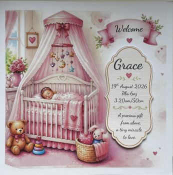 A beautiful&nbsp;bespoke baby keepsake card, lovingly designed to celebrate the arrival of a very special little one. Featuring a delicate crib and baby mobile with&nbsp;pretty glitter detail, this luxury 6x6 card is finished with separately attached personalised baby details, creating a gorgeous&nbsp;3D effect.
Crafted on&nbsp;luxury card stock, every detail is designed to make this a truly special and memorable keepsake. Personalised with your baby&rsquo;s details, it&rsquo;s a unique&nbsp;bespoke card that can be treasured long after the celebrations are over.