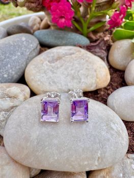 Emerald Genuine Amethyst Sterling Silver Stud Earrings
Metal: Sterling Silver
Gem: Rose De France Amethyst
Stone Size: 8mm x 6mm
Birthstone: February