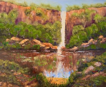 Dramatic original oil painting of a waterfall over cliffs with bold palette knife textures. 24x20" canvas. Signed by the artist. Worldwide tracked shipping.