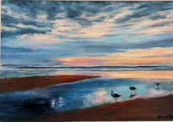 Original oil painting of a seashore at dusk.
The peaceful mood and restorative quality of a stroll along the shore with the sounds of lapping waves and chatter of the birds are conveyed by this lovely tranquil painting.
Framed in a white wood bespoke frame it measures 20" x 27"
&nbsp;