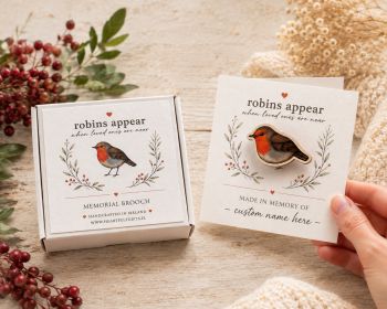 Personalised Robin Memorial Brooch
When words are not enough, send a little robin. ❤️
A heartfelt&nbsp;personalised memorial brooch, created as a beautiful keepsake in memory of someone special. Each robin is&nbsp;originally illustrated and handmade by me in Ireland&nbsp;from sustainably sourced, certified birch and presented on a beautiful folded card personalised with your loved one&rsquo;s name.
Featuring the much-loved sentiment&nbsp;&ldquo;Robins appear when loved ones are near,&rdquo;&nbsp;this thoughtful keepsake makes a meaningful&nbsp;bereavement, sympathy or remembrance gift&nbsp;for someone missing a much-loved family member or dear friend.
🇮🇪&nbsp;Proudly made entirely in Ireland🌿 Sustainably sourced certified birch❤️ Personalised with your loved one&rsquo;s name✋ Original artwork, handmade by Heartfelt Gifts🎁 Beautifully boxed and ready to give
A little robin to keep them close, always.