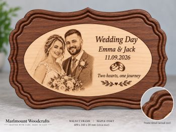 Handcrafted personalised hardwood wedding plaque with carved scalloped frame, contrasting inset and custom engraving. Made in Co. Louth, Ireland.