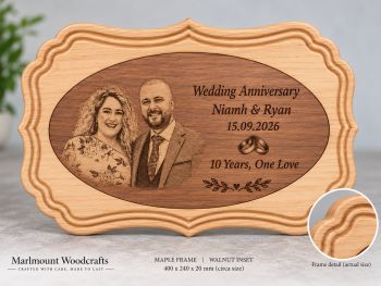 Handcrafted personalised hardwood wedding anniversary plaque with carved scalloped frame, contrasting inset and custom engraving. Made in Co. Louth, Ireland.