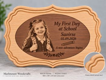 Handcrafted personalised hardwood First Day at School plaque with carved scalloped frame, contrasting inset and custom engraving. Made in Co. Louth, Ireland.