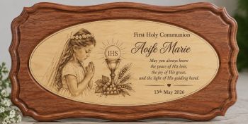 Handcrafted personalised hardwood First Holy Communion plaque with carved scalloped frame, contrasting inset and custom engraving. Made in Co. Louth, Ireland.