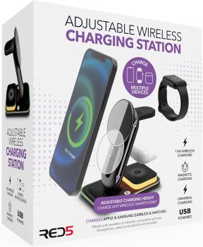 

USB-C-powered 3-in-1 Qi wireless charging dock for smartphone, earbuds and smartwatch
Magnetic charging for all three devices at once
Compatible with a wide range of wireless devices, including Samsung and Apple products
Integrated night light with warm glow
Adjustable height for the ideal viewing angle
USB-C to USB-C cable included
Measures approx. 11cm x 10.5-11cm x 6.5cm

