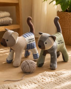 A handcrafted keepsake animal made from your cherished clothing, created gently to hold memory, comfort, and connection.
