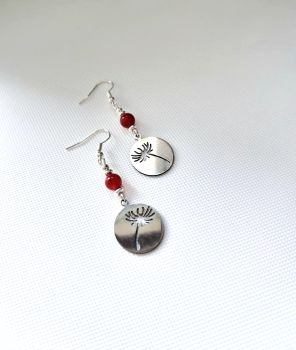 Show off your whimsical side with these 'wish' earrings.. delicate dandelion seed heads etched onto polished stainless steel, paired with the earthiness of deep red agates. Beautiful, lightweight and unique!