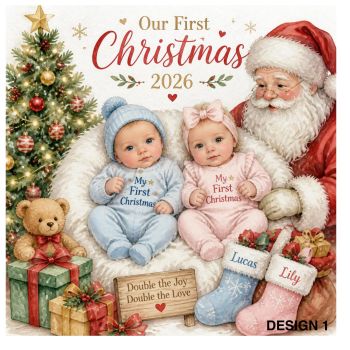 Double the joy, double the magic!&nbsp;🎄✨ Celebrate the precious first Christmas of your twin boy and girl with this beautiful&nbsp;bespoke luxury Trinket Card, specially created to make their very first Christmas extra memorable.
Personalised with&nbsp;both babies&rsquo; names and the year, this unique keepsake can be customised to suit your little boy and girl, making it a truly special and thoughtful Christmas card.
Beautifully designed on&nbsp;luxury 6x6 card stock, with gorgeous festive details, this is more than just a Christmas card &mdash; it&rsquo;s a&nbsp;personalised keepsake to treasure for years to come.
✨ Bespoke &amp; unique✨ Personalised with both names✨ First Christmas design✨ Add the year✨ Luxury 6x6 card✨ A thoughtful keepsake for twin babies
Two little miracles, one magical first Christmas. ❤️🎄